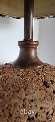 Vtg Mid Century Modern Cork & Wood Lamp withOriginal Woven Fabric & Reed Shade