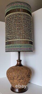 Vtg Mid Century Modern Cork & Wood Lamp withOriginal Woven Fabric & Reed Shade