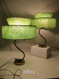 Vtg Mid Century Modern Lamp Set Majestic Atomic Era Fiberglass Tiered Shades 50s