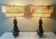Vtg Mid Century Modern Lamps Withtwo Tier Fiberglass Shadesblack & Tan Art Decco
