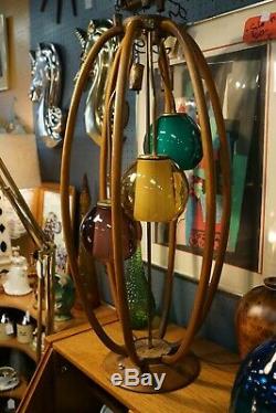 Vtg Mid Century Modern Modeline Table Lamp Walnut w Colored Glass Shades