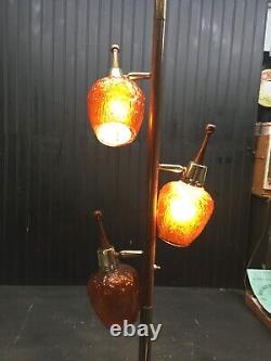 Vtg Mid Century Tension 8ft Floor Lamp 3 Bulb with Teak Wood Amber Glass Shades