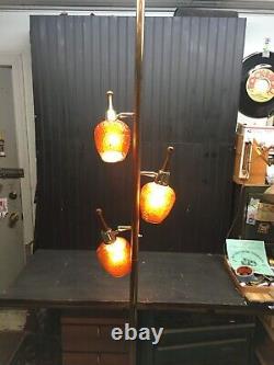 Vtg Mid Century Tension 8ft Floor Lamp 3 Bulb with Teak Wood Amber Glass Shades