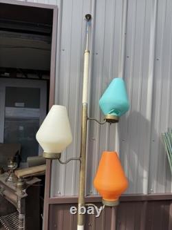Vtg Mid Century Tension Pole Lamp Orange Turquoise White Shades 84-103 Height