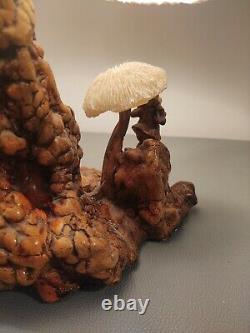Vtg. Mid-century Modern Magic Mushroom Lamp Coral Shade Wood Psychedelic Gnomes