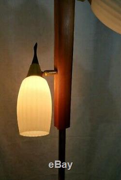 Vtg Original 3 Light Tension Pole Floor Lamp MCM Wood Glass Shades Retro Works