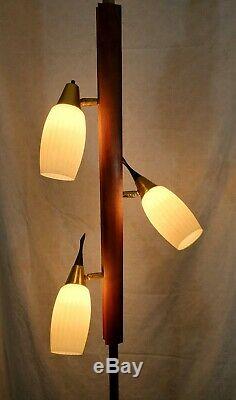 Vtg Original 3 Light Tension Pole Floor Lamp MCM Wood Glass Shades Retro Works