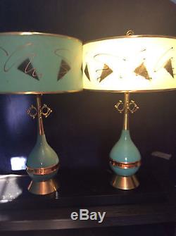 Vtg PAIR of Mid Modern Aqua Atomic EAMES Era Table Lamp with Fiberglass Shades