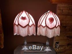 Vtg Pair (2) Victorian Style Fringe Pink Boudoir Lamp Shades With Clear Lamp Bases