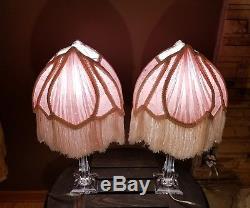Vtg Pair (2) Victorian Style Fringe Pink Boudoir Lamp Shades With Clear Lamp Bases