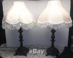 Vtg Pair 3 Way Art Nouveau Metal Table Lamps with Off White Fringe Shades