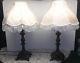 Vtg Pair 3 Way Art Nouveau Metal Table Lamps With Off White Fringe Shades