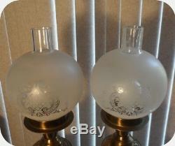 Vtg Pair Etched Frosted Glass Shade Brass Angels Boudoir Table Hurricane Lamps