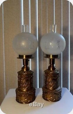 Vtg Pair Etched Frosted Glass Shade Brass Angels Boudoir Table Hurricane Lamps