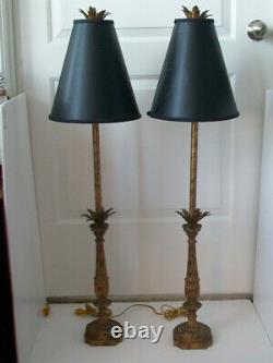 Vtg Pair Gilt Hollywood Regency Candlestick Table Lamps 40 with Org Black Shades