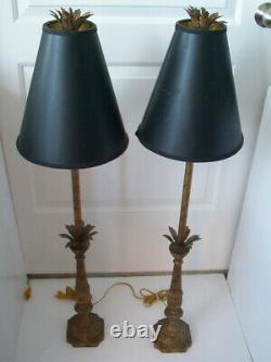 Vtg Pair Gilt Hollywood Regency Candlestick Table Lamps 40 with Org Black Shades