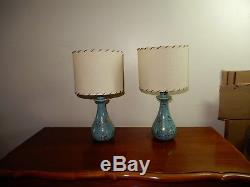 Vtg Pair Mid Century Modern Atomic Pottery Lamps blue gold w Shades fiberglass