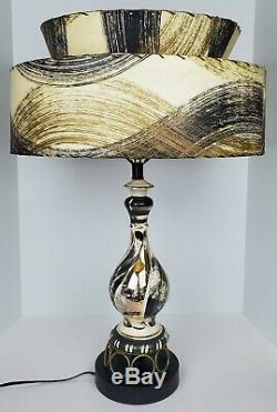 Vtg Pair Mid Century Modern Ceramic Swirled Table Lamps Tiered Fiberglass Shades