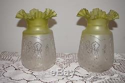 Vtg Pair Ombre Oil Glass Lamp Shade Etched Frosted Shades Green Ruffled 2.652
