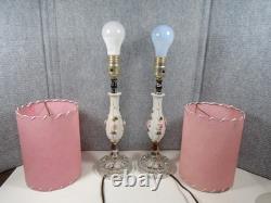 Vtg. Pair White Porcelain Boudoir Lamps/pink Fiberglass Whipstitch Shades-read