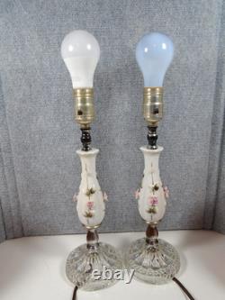 Vtg. Pair White Porcelain Boudoir Lamps/pink Fiberglass Whipstitch Shades-read