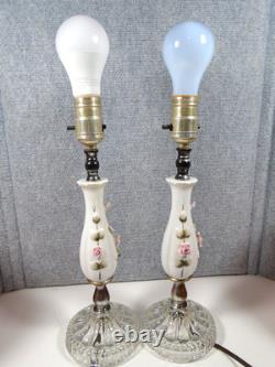 Vtg. Pair White Porcelain Boudoir Lamps/pink Fiberglass Whipstitch Shades-read