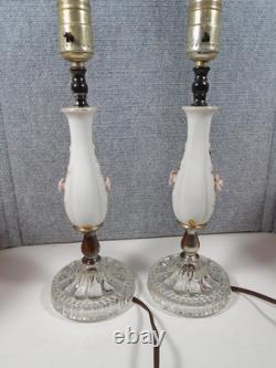 Vtg. Pair White Porcelain Boudoir Lamps/pink Fiberglass Whipstitch Shades-read