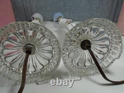 Vtg. Pair White Porcelain Boudoir Lamps/pink Fiberglass Whipstitch Shades-read