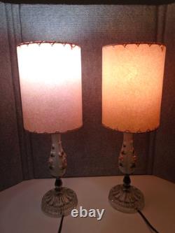 Vtg. Pair White Porcelain Boudoir Lamps/pink Fiberglass Whipstitch Shades-read