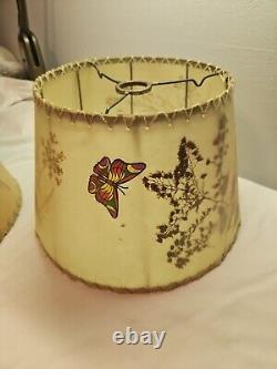 Vtg Rawhide Floral Butterflies MCM Lamp Shade Real Pressed Plants