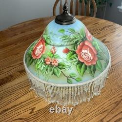 Vtg Rose Painted Glass Lamp SHADE ONLY Beaded Fringe Victorian Roses 15 Wide