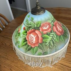 Vtg Rose Painted Glass Lamp SHADE ONLY Beaded Fringe Victorian Roses 15 Wide