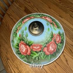 Vtg Rose Painted Glass Lamp SHADE ONLY Beaded Fringe Victorian Roses 15 Wide
