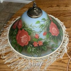 Vtg Rose Painted Glass Lamp SHADE ONLY Beaded Fringe Victorian Roses 15 Wide
