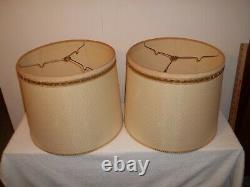 Vtg Set Of 2 Textured Fabric Drum Lamp Shades Gold Trim Mid Century 11 1/4 Tall