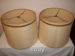 Vtg Set Of 2 Textured Fabric Drum Lamp Shades Gold Trim Mid Century 11 1/4 Tall