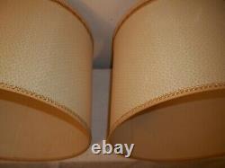 Vtg Set Of 2 Textured Fabric Drum Lamp Shades Gold Trim Mid Century 11 1/4 Tall