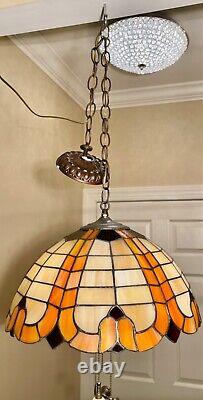 Vtg Stained Glass Slag Hanging Lamp Light Fixture Orange, Cream and Dark Amber