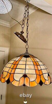 Vtg Stained Glass Slag Hanging Lamp Light Fixture Orange, Cream and Dark Amber