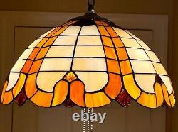 Vtg Stained Glass Slag Hanging Lamp Light Fixture Orange, Cream and Dark Amber
