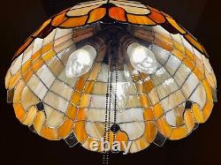 Vtg Stained Glass Slag Hanging Lamp Light Fixture Orange, Cream and Dark Amber