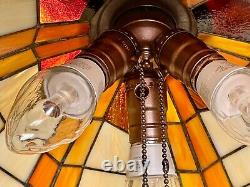 Vtg Stained Glass Slag Hanging Lamp Light Fixture Orange, Cream and Dark Amber