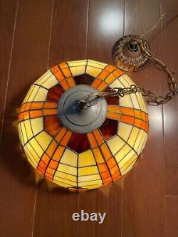 Vtg Stained Glass Slag Hanging Lamp Light Fixture Orange, Cream and Dark Amber