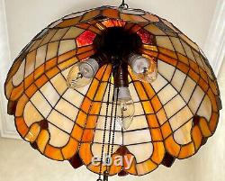 Vtg Stained Glass Slag Hanging Lamp Light Fixture Orange, Cream and Dark Amber