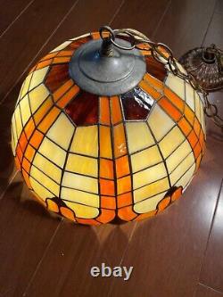 Vtg Stained Glass Slag Hanging Lamp Light Fixture Orange, Cream and Dark Amber