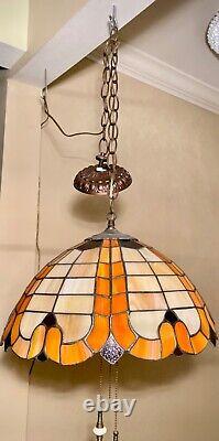 Vtg Stained Glass Slag Hanging Lamp Light Fixture Orange, Cream and Dark Amber