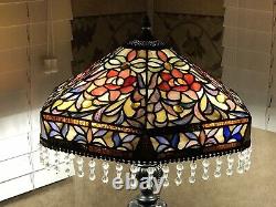 Vtg Stained Slag Glass Lamp Shade Arts & Crafts Deco Victorian Bead Fringe 15