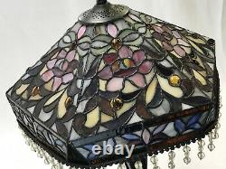 Vtg Stained Slag Glass Lamp Shade Arts & Crafts Deco Victorian Bead Fringe 15