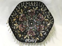 Vtg Stained Slag Glass Lamp Shade Arts & Crafts Deco Victorian Bead Fringe 15