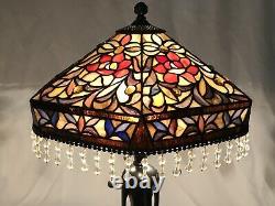 Vtg Stained Slag Glass Lamp Shade Arts & Crafts Deco Victorian Bead Fringe 15